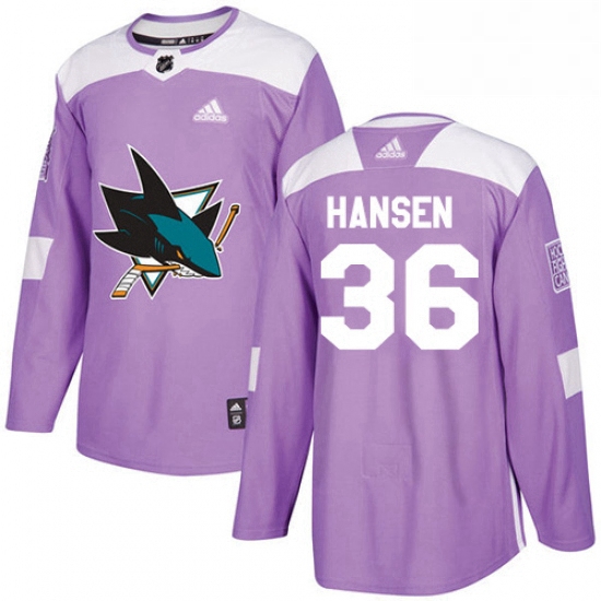 Mens Adidas San Jose Sharks 36 Jannik Hansen Authentic Purple Fights Cancer Practice NHL Jersey