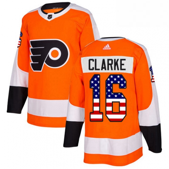 Mens Adidas Philadelphia Flyers 16 Bobby Clarke Authentic Orange USA Flag Fashion NHL Jersey