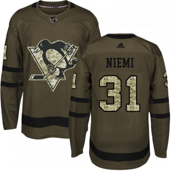 Mens Adidas Pittsburgh Penguins 31 Antti Niemi Authentic Green Salute to Service NHL Jersey