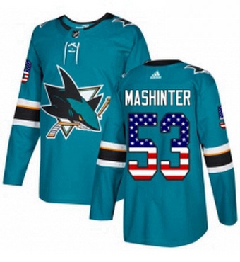 Mens Adidas San Jose Sharks 53 Brandon Mashinter Authentic Teal Green USA Flag Fashion NHL Jersey