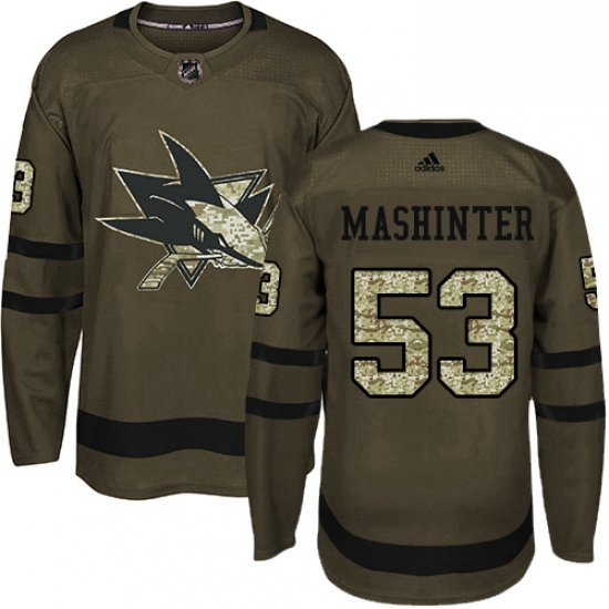 Mens Adidas San Jose Sharks 53 Brandon Mashinter Premier Green Salute to Service NHL Jersey