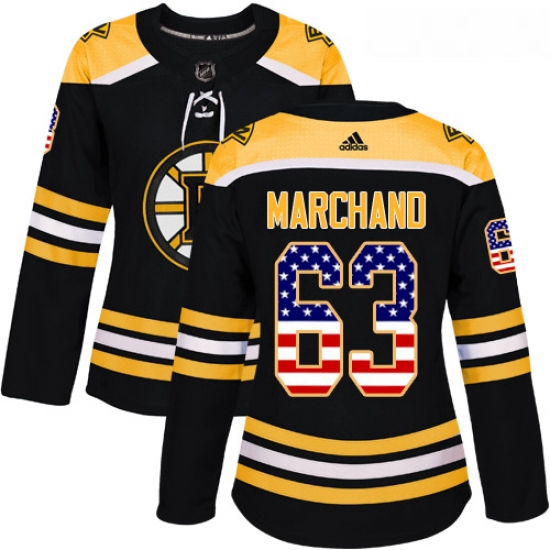 Womens Adidas Boston Bruins 63 Brad Marchand Authentic Black USA Flag Fashion NHL Jersey