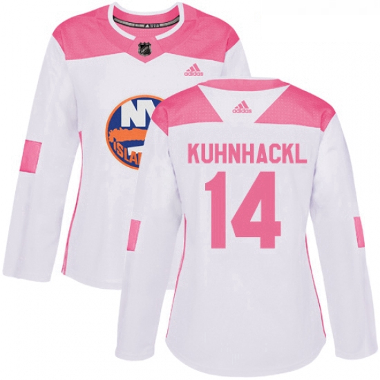 Womens Adidas New York Islanders 14 Tom Kuhnhackl Authentic White Pink Fashion NHL Jersey