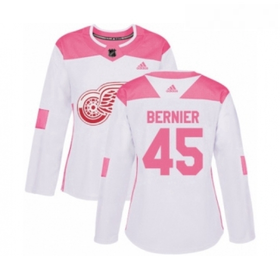 Womens Adidas Detroit Red Wings 45 Jonathan Bernier Authentic White Pink Fashion NHL Jersey