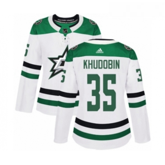 Womens Adidas Dallas Stars 35 Anton Khudobin Authentic White Away NHL Jersey