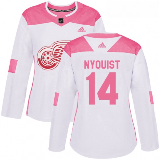 Womens Adidas Detroit Red Wings 14 Gustav Nyquist Authentic WhitePink Fashion NHL Jersey