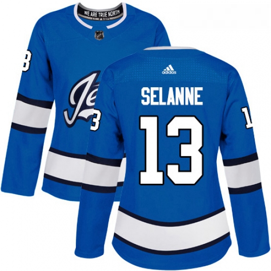 Womens Adidas Winnipeg Jets 13 Teemu Selanne Authentic Blue Alternate NHL Jersey