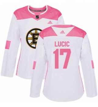 Womens Adidas Boston Bruins 17 Milan Lucic Authentic WhitePink Fashion NHL Jersey