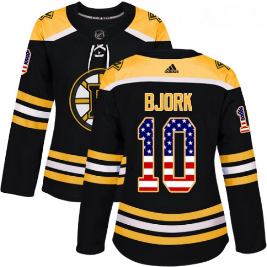 Womens Adidas Boston Bruins 10 Anders Bjork Authentic Black USA Flag Fashion NHL Jersey