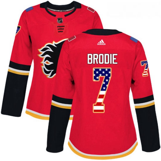 Womens Adidas Calgary Flames 7 TJ Brodie Authentic Red USA Flag Fashion NHL Jersey