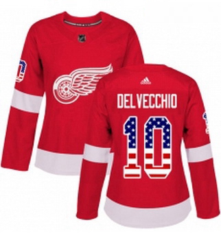 Womens Adidas Detroit Red Wings 10 Alex Delvecchio Authentic Red USA Flag Fashion NHL Jersey