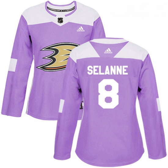 Womens Adidas Anaheim Ducks 8 Teemu Selanne Authentic Purple Fights Cancer Practice NHL Jersey