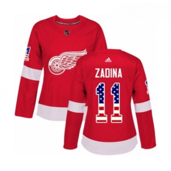 Womens Adidas Detroit Red Wings 11 Filip Zadina Authentic Red USA Flag Fashion NHL Jersey