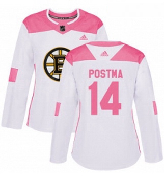 Womens Adidas Boston Bruins 14 Paul Postma Authentic WhitePink Fashion NHL Jersey