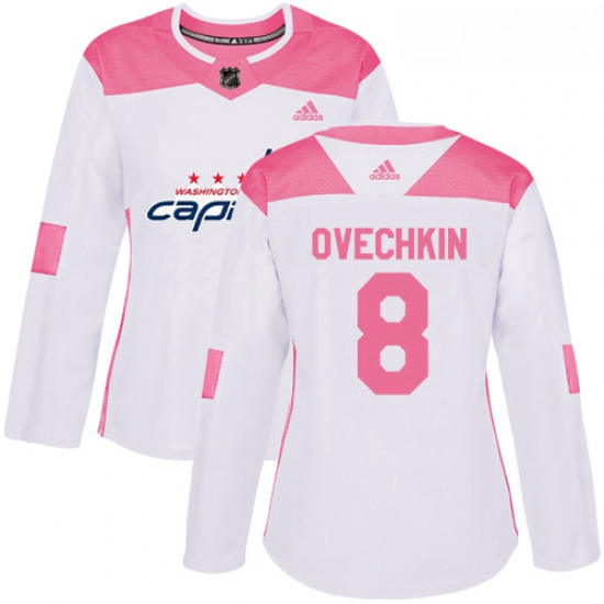 Womens Adidas Washington Capitals 8 Alex Ovechkin Authentic WhitePink Fashion NHL Jersey