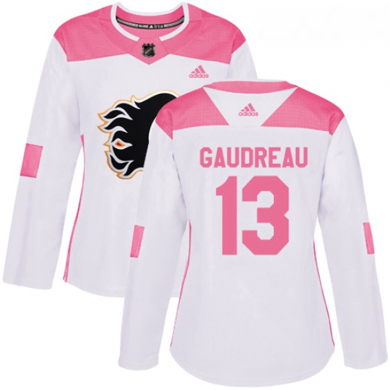 Womens Adidas Calgary Flames 13 Johnny Gaudreau Authentic WhitePink Fashion NHL Jersey