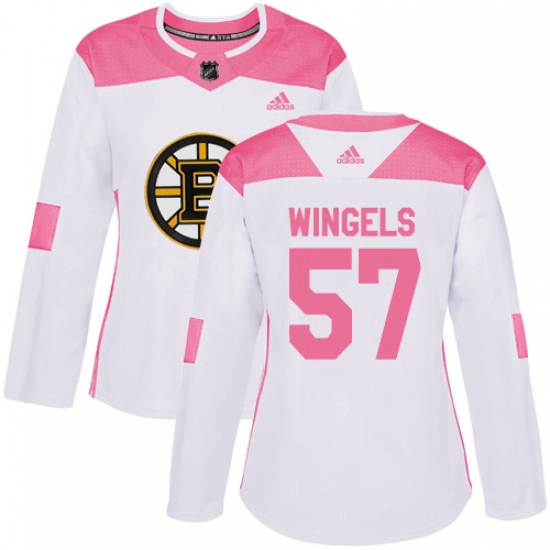 Womens Adidas Boston Bruins 57 Tommy Wingels Authentic White Pink Fashion NHL Jersey