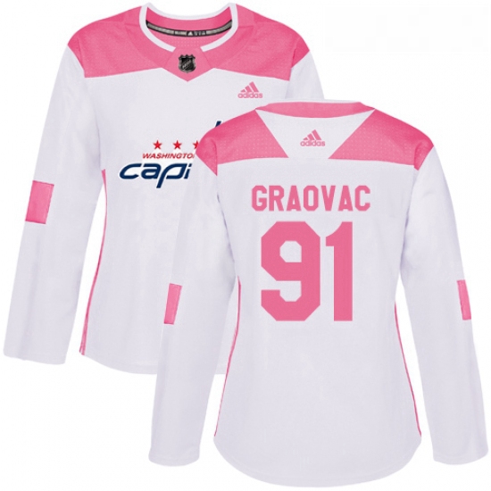 Womens Adidas Washington Capitals 91 Tyler Graovac Authentic WhitePink Fashion NHL Jersey