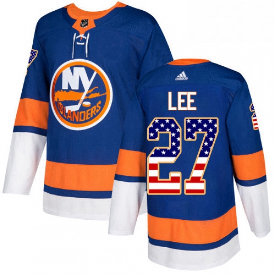 Mens Adidas New York Islanders 27 Anders Lee Authentic Royal Blue USA Flag Fashion NHL Jersey