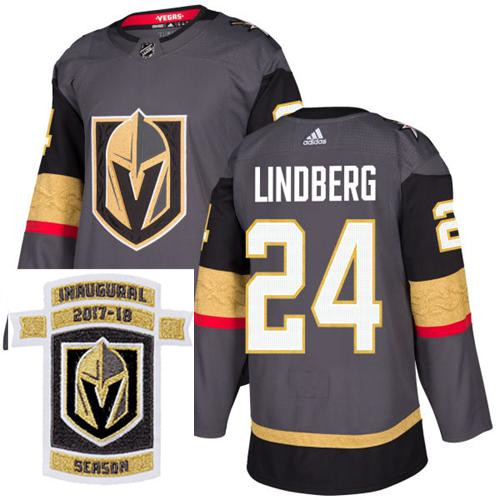 Adidas Golden Knights #24 Oscar Lindberg Grey Home Authentic Stitched NHL Inaugural Season Patch Jer