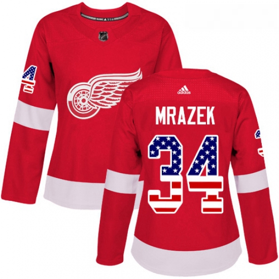 Womens Adidas Detroit Red Wings 34 Petr Mrazek Authentic Red USA Flag Fashion NHL Jersey