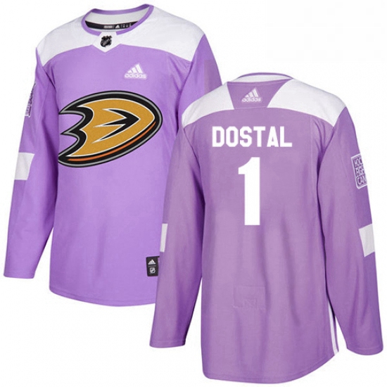 Mens Adidas Anaheim Ducks 1 Lukas Dostal Authentic Purple Fights Cancer Practice NHL Jersey