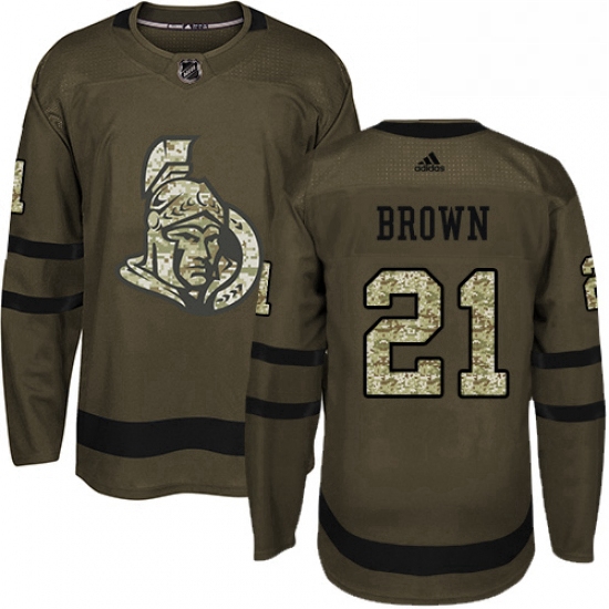 Mens Adidas Ottawa Senators 21 Logan Brown Authentic Green Salute to Service NHL Jersey