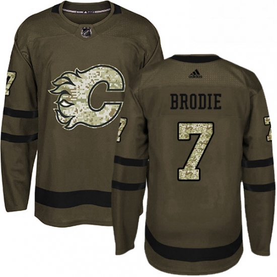 Mens Adidas Calgary Flames 7 TJ Brodie Authentic Green Salute to Service NHL Jersey