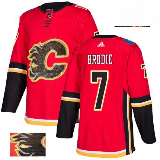 Mens Adidas Calgary Flames 7 TJ Brodie Authentic Red Fashion Gold NHL Jersey