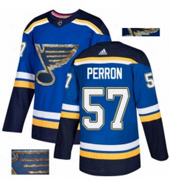 Mens Adidas St Louis Blues 57 David Perron Authentic Royal Blue Fashion Gold NHL Jersey