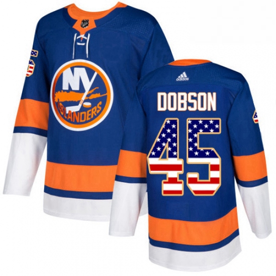 Mens Adidas New York Islanders 45 Noah Dobson Authentic Royal Blue USA Flag Fashion NHL Jersey