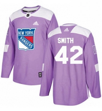 Mens Adidas New York Rangers 42 Brendan Smith Authentic Purple Fights Cancer Practice NHL Jersey