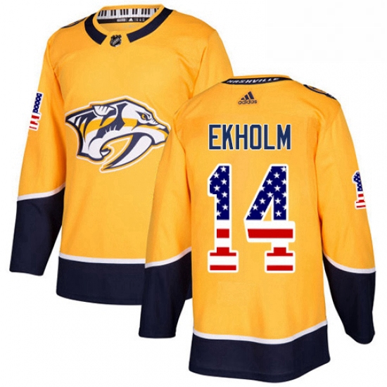 Mens Adidas Nashville Predators 14 Mattias Ekholm Authentic Gold USA Flag Fashion NHL Jersey