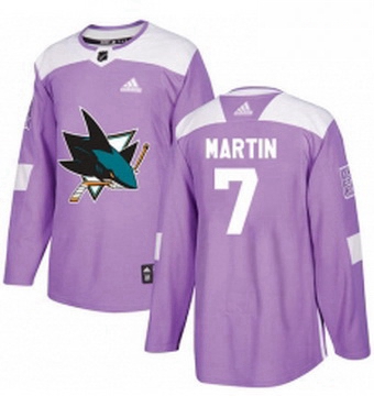 Mens Adidas San Jose Sharks 7 Paul Martin Authentic Purple Fights Cancer Practice NHL Jersey