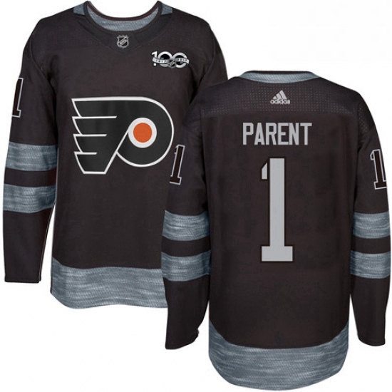 Mens Adidas Philadelphia Flyers 1 Bernie Parent Authentic Black 1917 2017 100th Anniversary NHL Jers