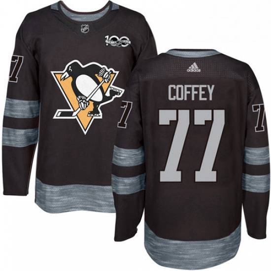 Mens Adidas Pittsburgh Penguins 77 Paul Coffey Authentic Black 1917 2017 100th Anniversary NHL Jerse