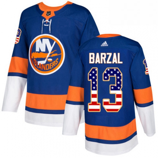 Mens Adidas New York Islanders 13 Mathew Barzal Authentic Royal Blue USA Flag Fashion NHL Jersey