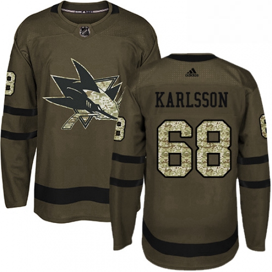 Mens Adidas San Jose Sharks 68 Melker Karlsson Authentic Green Salute to Service NHL Jersey