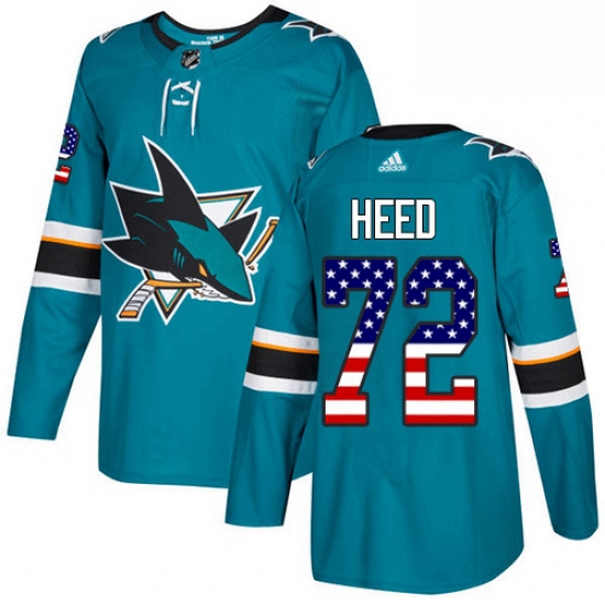 Mens Adidas San Jose Sharks 72 Tim Heed Authentic Teal Green USA Flag Fashion NHL Jersey