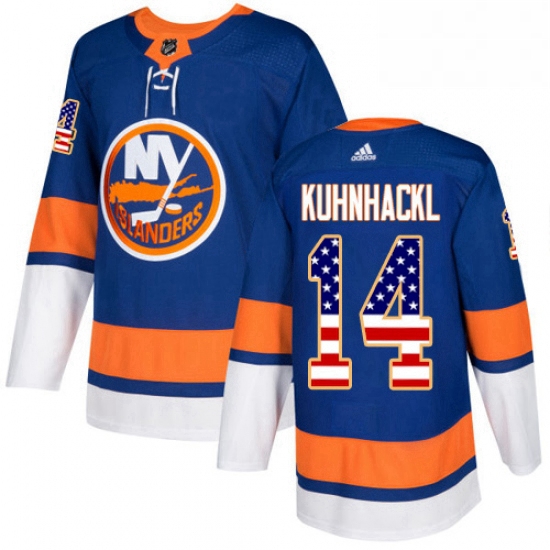 Mens Adidas New York Islanders 14 Tom Kuhnhackl Authentic Royal Blue USA Flag Fashion NHL Jersey