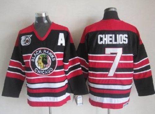 Blackhawks #7 Chris Chelios Red Black 75TH CCM Stitched NHL Jersey