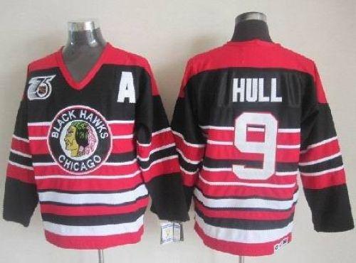 Blackhawks #9 Bobby Hull Red Black 75TH CCM Stitched NHL Jersey