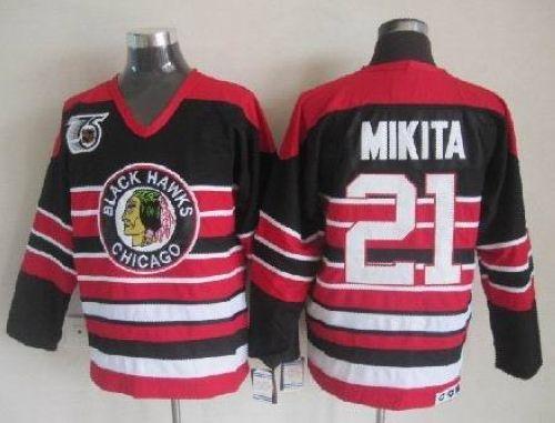 Blackhawks #21 Stan Mikita Red Black 75TH CCM Stitched NHL Jersey