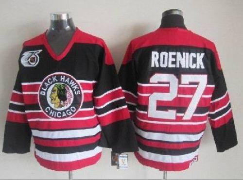 Blackhawks #27 Jeremy Roenick Red Black 75TH CCM Stitched NHL Jersey