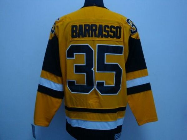 Penguins #35 Tom Barrasso Stitched Mitchell 26Ness Yellow NHL Jersey