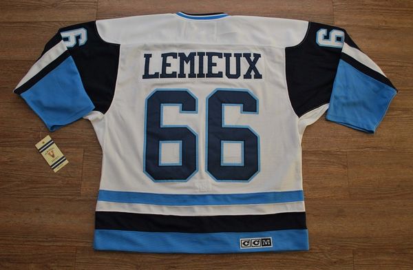 Penguins #66 Mario Lemieux Stitched White Blue CCM Throwback NHL Jersey