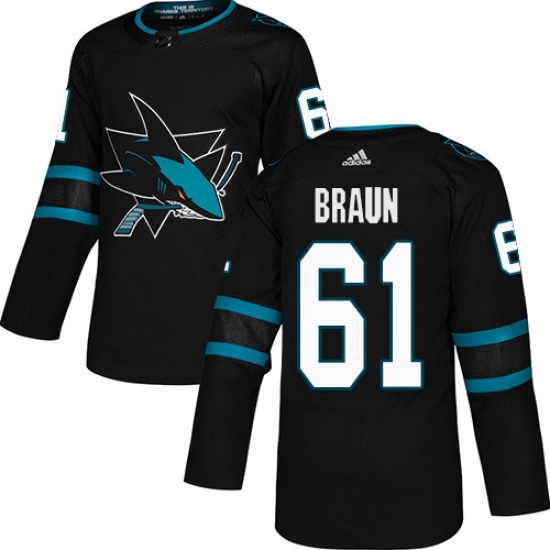 Mens Adidas San Jose Sharks 61 Justin Braun Premier Black Alternate NHL Jersey