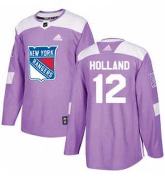 Mens Adidas New York Rangers 12 Peter Holland Authentic Purple Fights Cancer Practice NHL Jersey