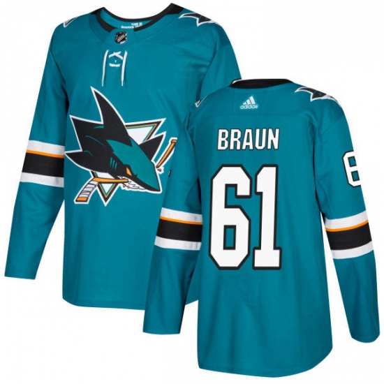 Mens Adidas San Jose Sharks 61 Justin Braun Premier Teal Green Home NHL Jersey