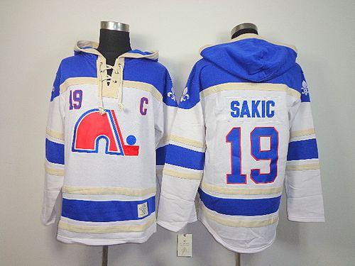 Nordiques #19 Joe Sakic White Sawyer Hooded Sweatshirt Stitched NHL Jersey